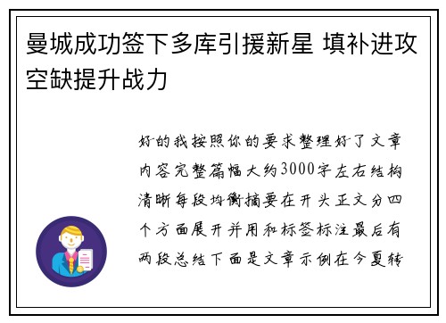 曼城成功签下多库引援新星 填补进攻空缺提升战力 曼城成功签下多库引援新星 填补进攻空缺提升战力