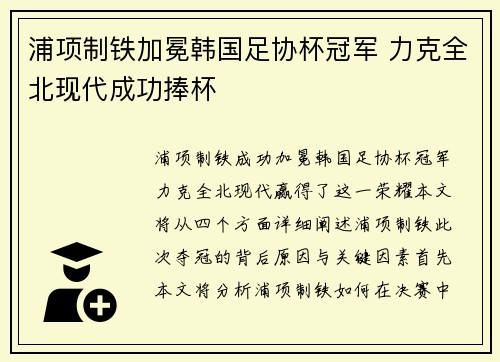 浦项制铁加冕韩国足协杯冠军 力克全北现代成功捧杯